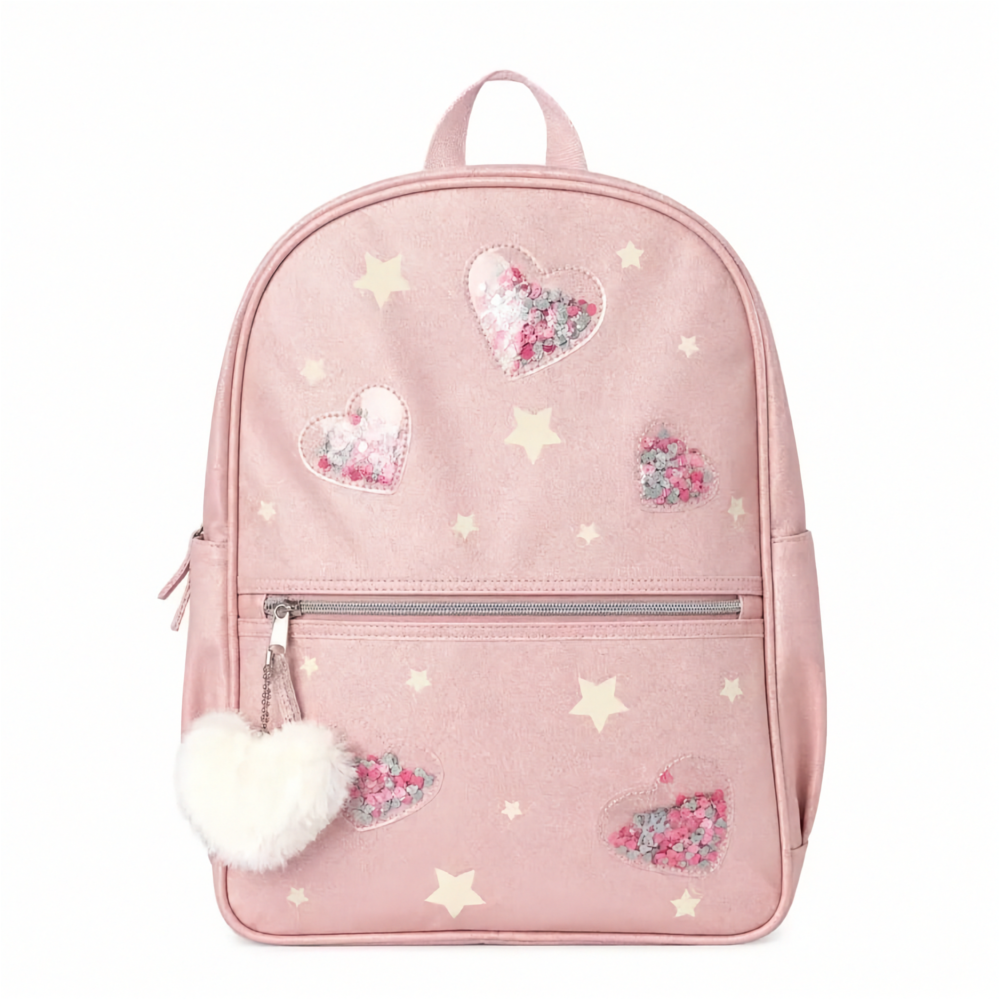 Girls Pink Shimmer Metallic Heart Backpack