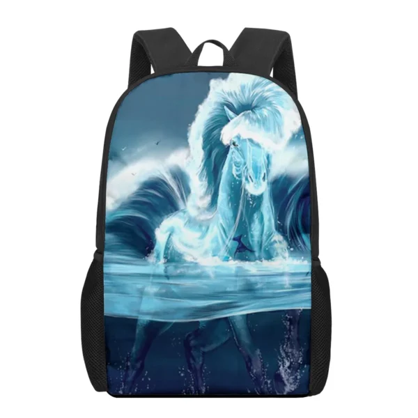 Black backpack with blue water horse print