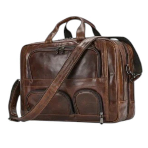 Dark brown leather briefcase with shoulder strap
