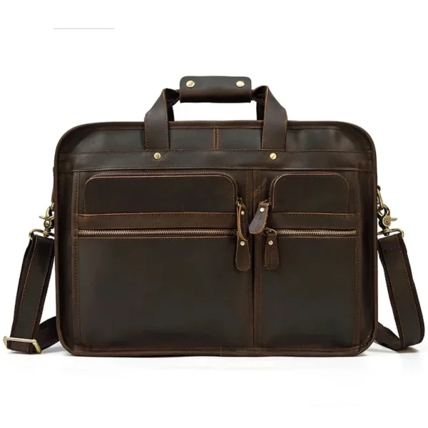 Dark brown leather backpack with gold details
