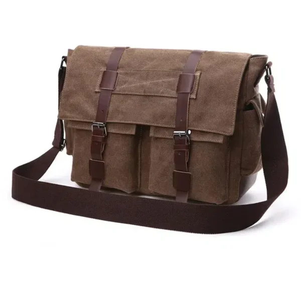 Brown canvas shoulder bag with retro details